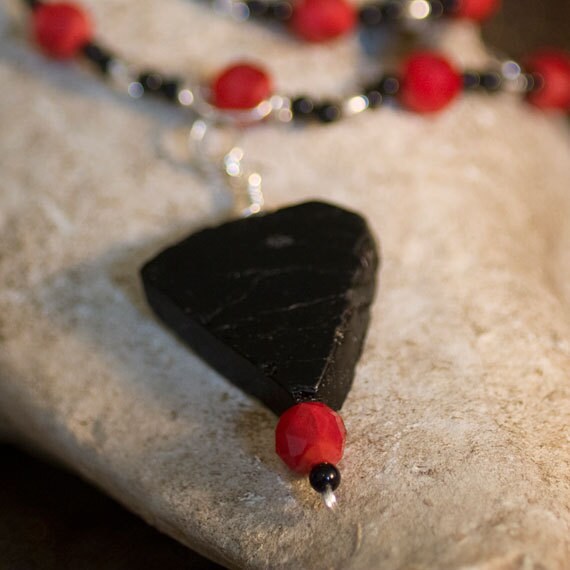 Black Tourmaline Pendant Necklace with Red Glass Beads & Handmade Silver Earrings