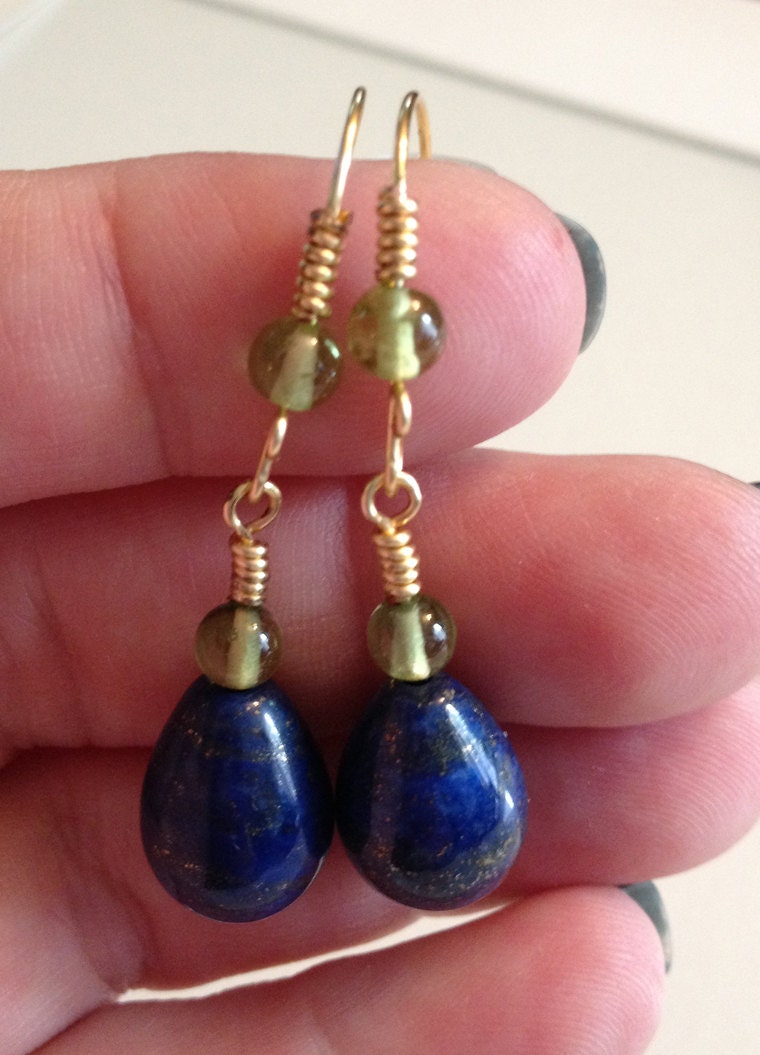 Lapis and Peridot Earrings with Brass Handmade