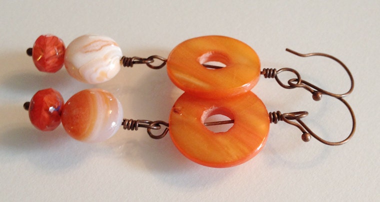 Bright Orange Doughnut Shell with Creamy Smooth Orange Agate and Fiery Orange Glass Orange Earrings