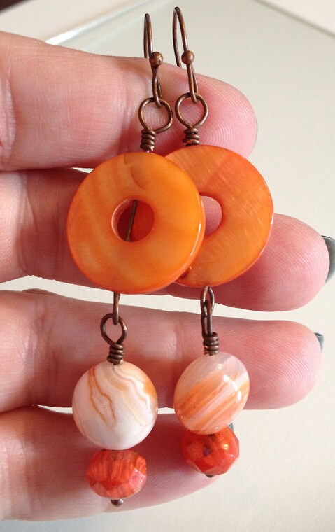 Bright Orange Doughnut Shell with Creamy Smooth Orange Agate and Fiery Orange Glass Orange Earrings