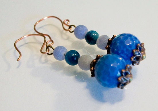 Blue Fire And Smokey Baby Blue Agate with Blue Jasper Beads Neckace and Earrings Handmade