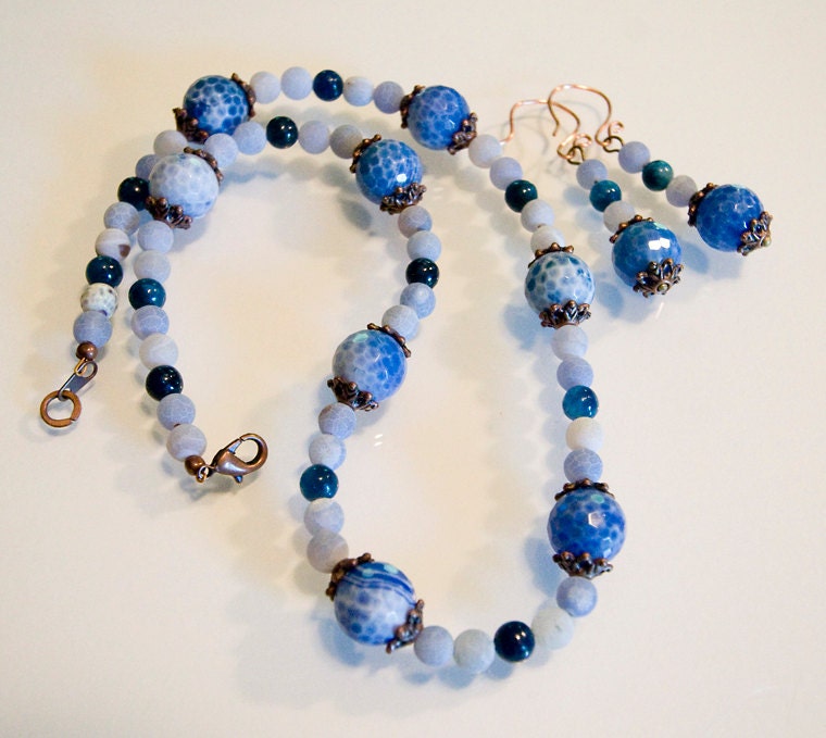 Blue Fire And Smokey Baby Blue Agate with Blue Jasper Beads Neckace and Earrings Handmade