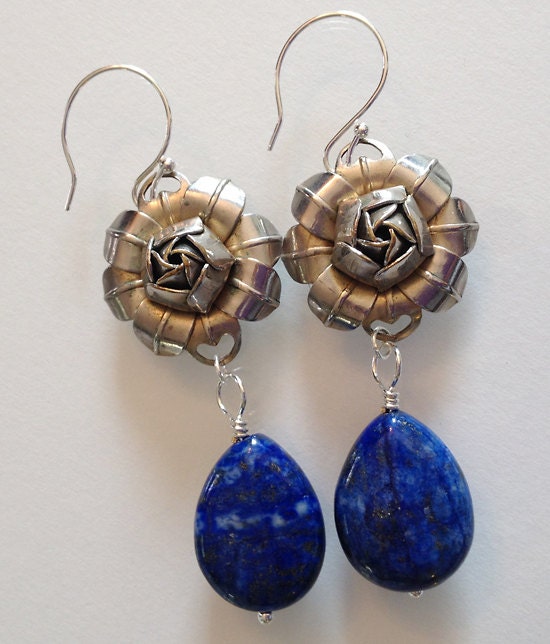 Lapis Lazuli Drop Earrings - Vintage Rose Metal Focal