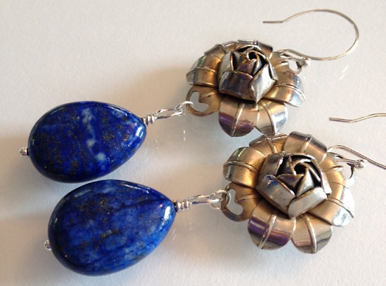 Lapis Lazuli Drop Earrings - Vintage Rose Metal Focal