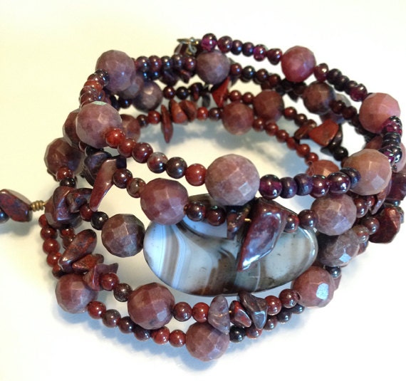 Brown Jasper and Agate Beaded Wrap Bracelet Handmade