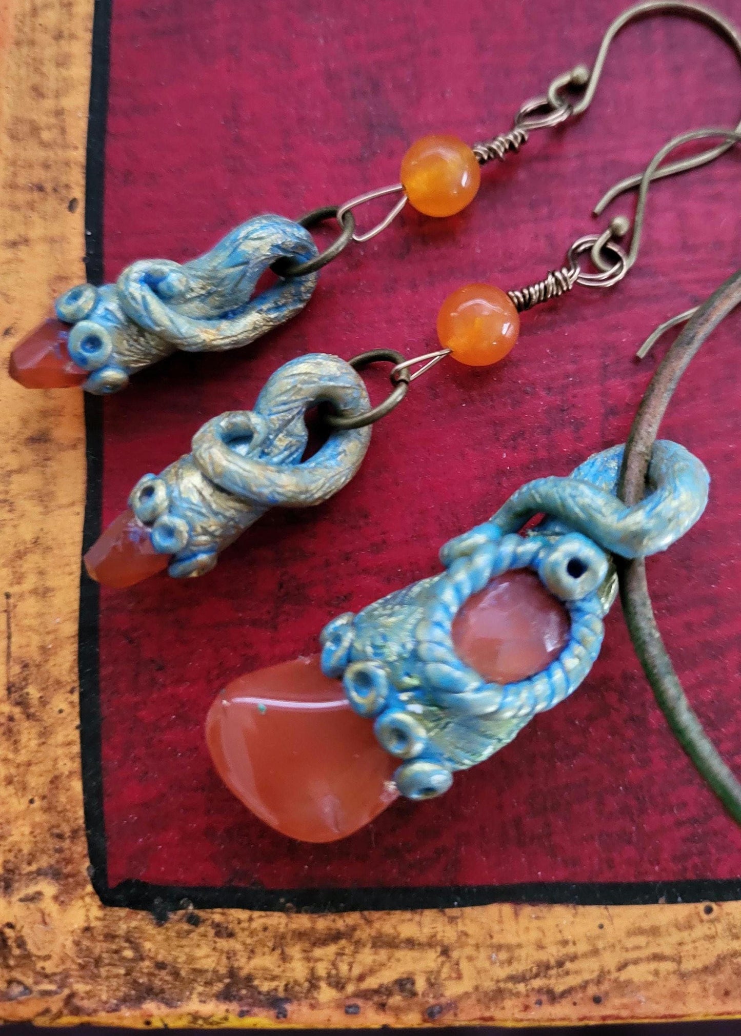 Fairy Carnelian Pendant and Earrings, Polymer Clay and Gems.