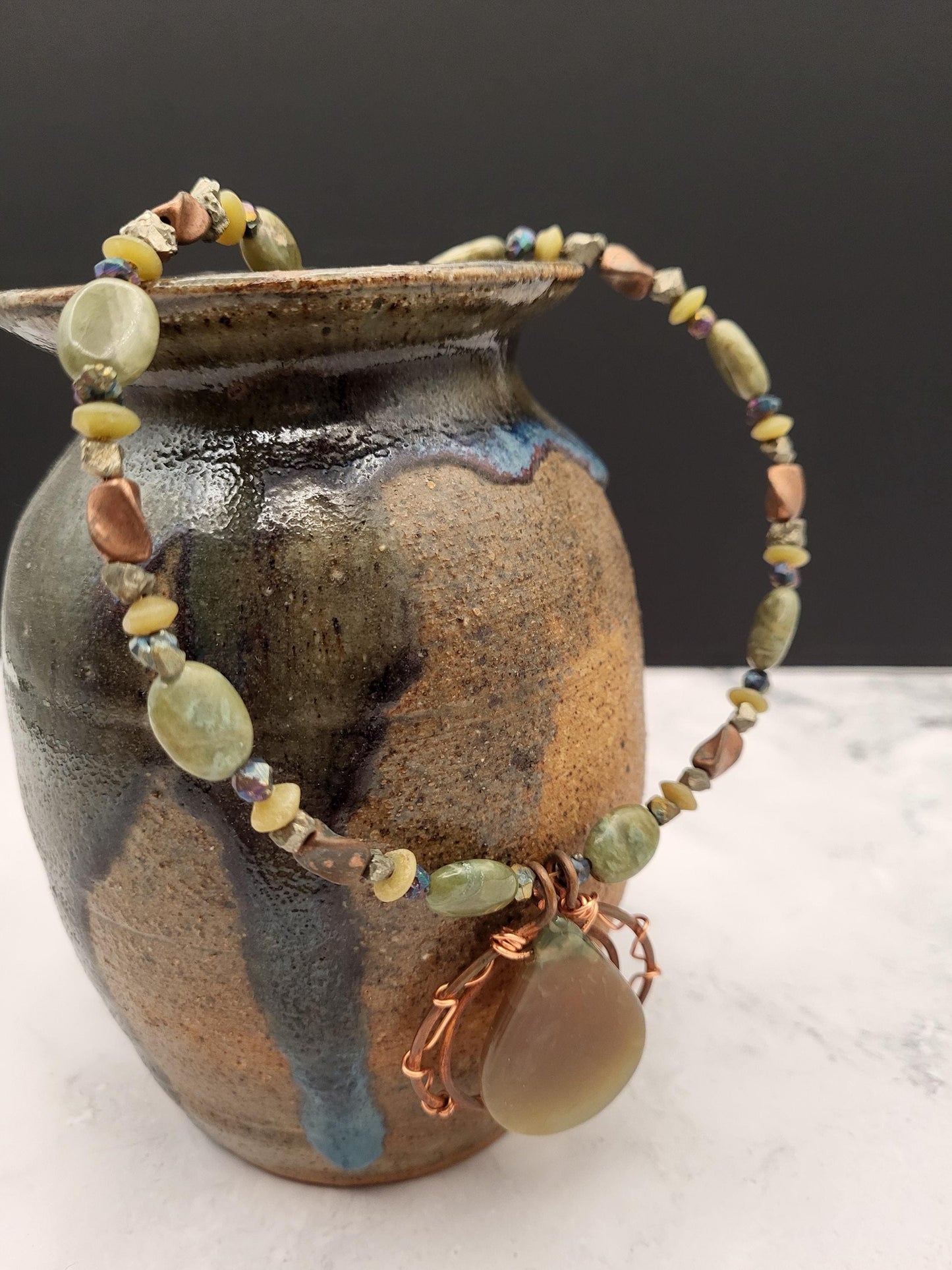 Moss Agate Olive Jasper Jade and Copper Necklace