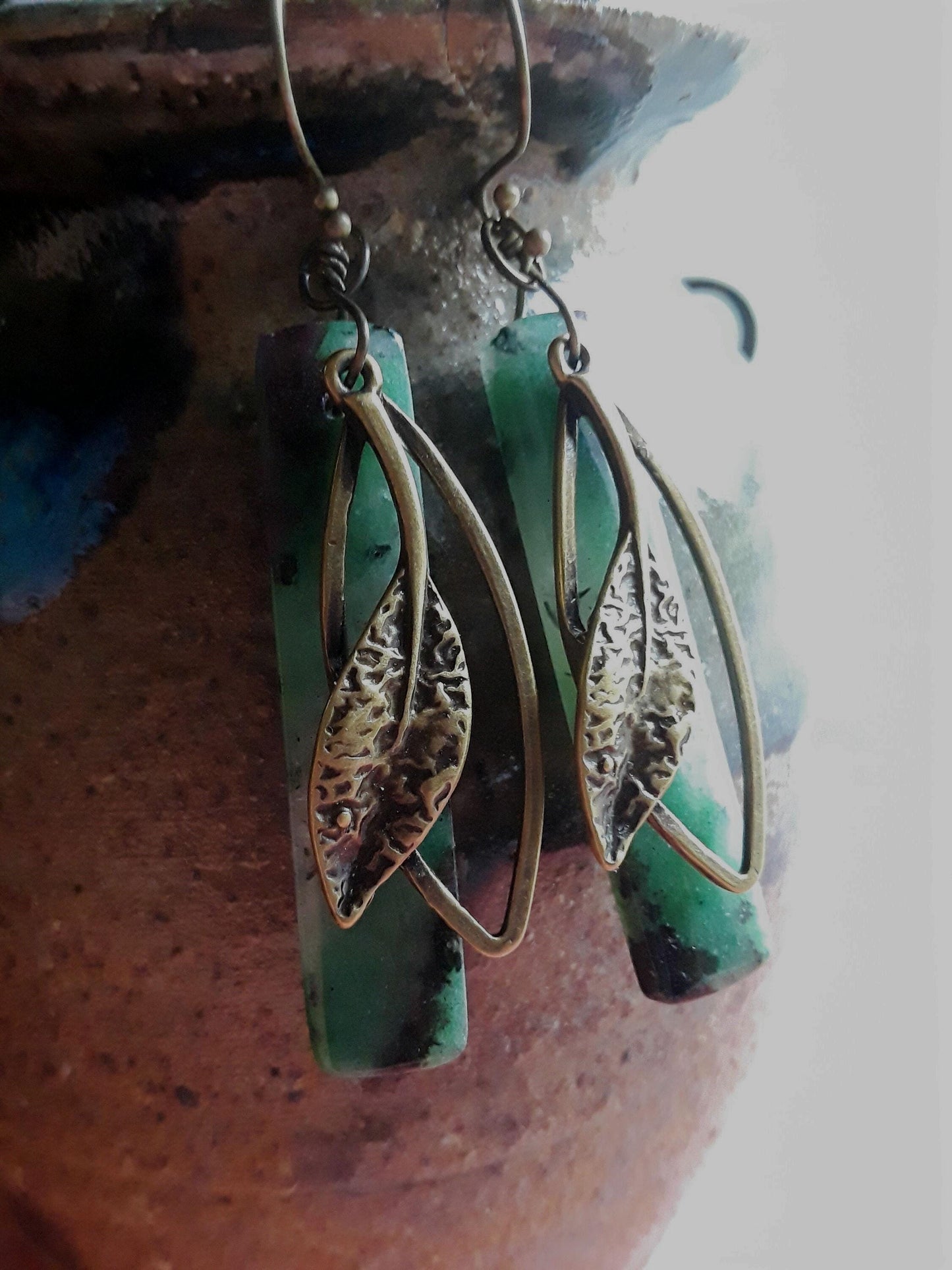 Zoisite and Bronze Drop Earrings with Bronze Leaves