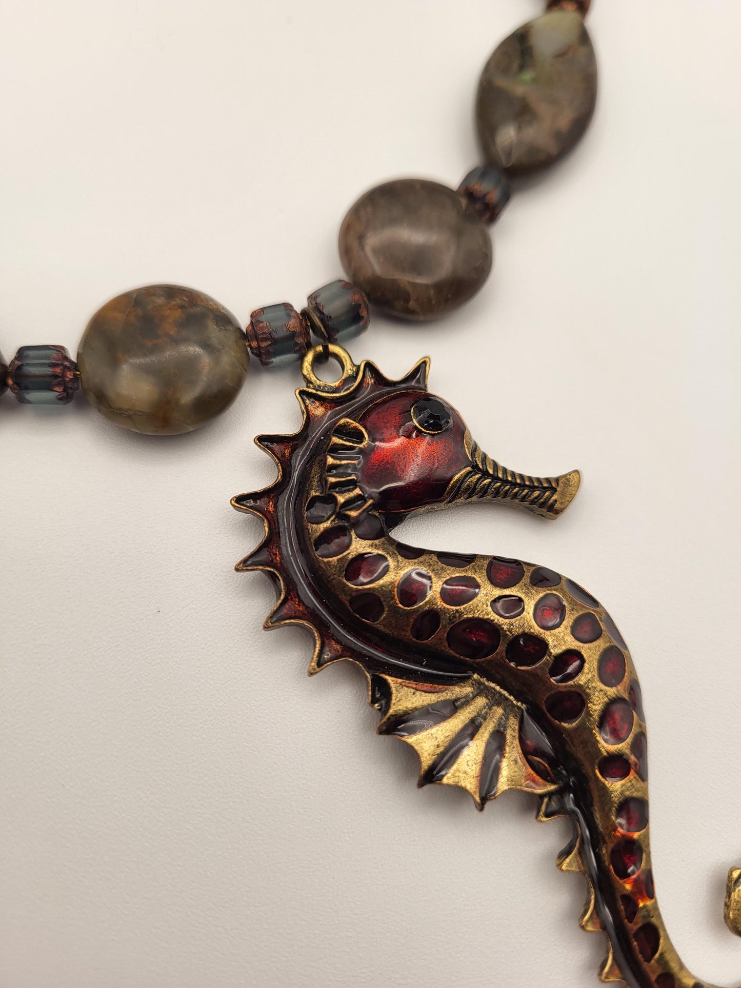 Sea Horse and Olive Jasper Amethyst and Copper Necklace