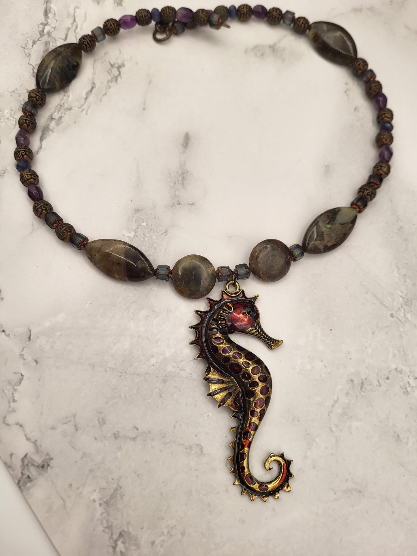 Sea Horse and Olive Jasper Amethyst and Copper Necklace
