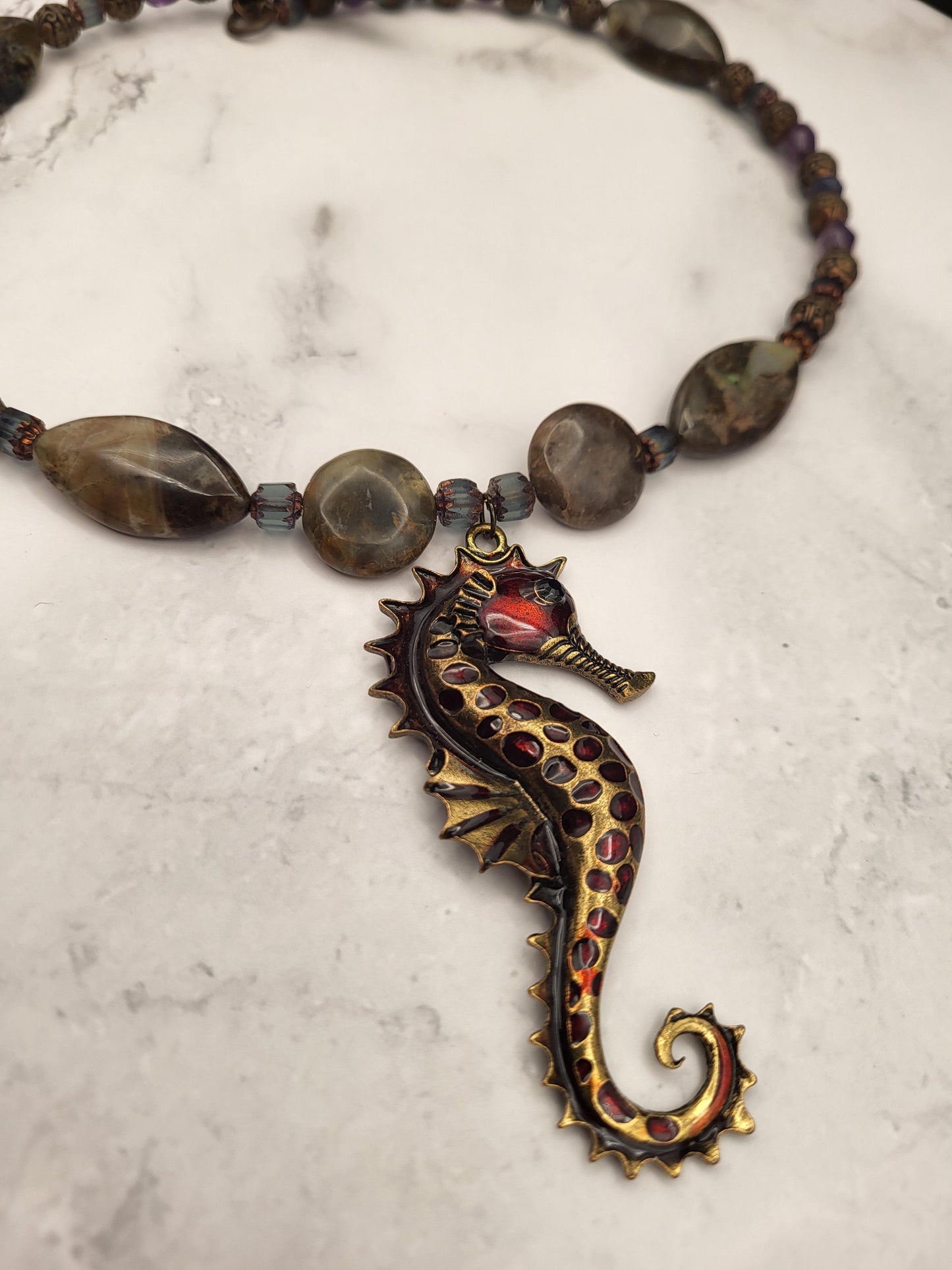 Sea Horse and Olive Jasper Amethyst and Copper Necklace