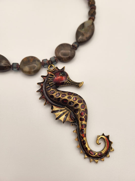 Sea Horse and Olive Jasper Amethyst and Copper Necklace