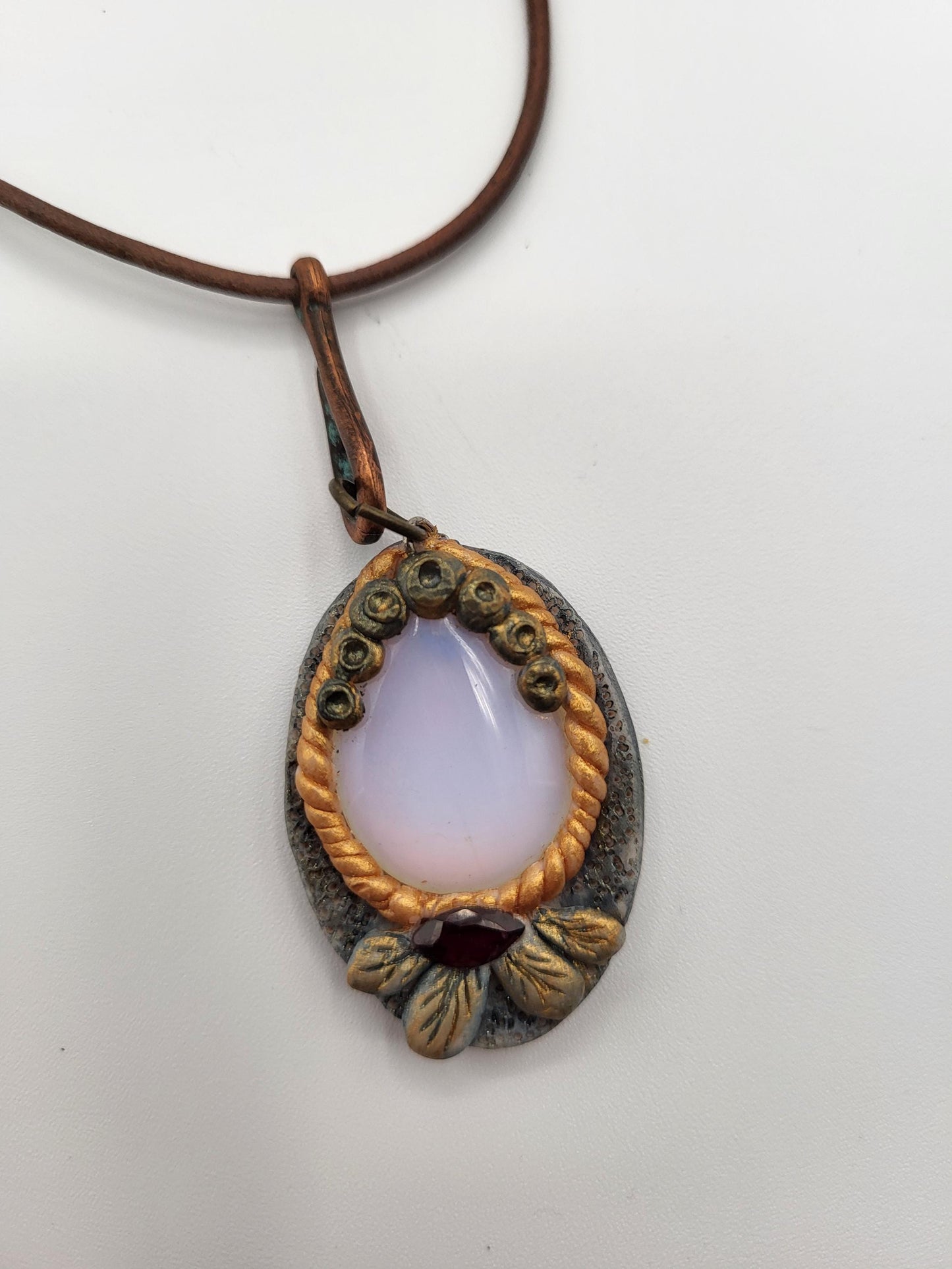 Opalite & Garnet Pendant Necklace made with Polymer Clay Sculpture on a Leather Cord