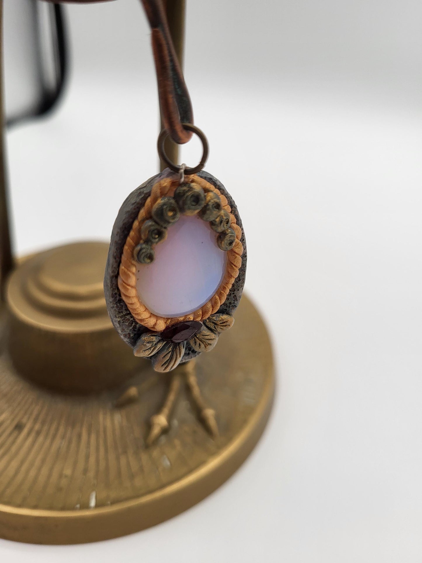 Opalite & Garnet Pendant Necklace made with Polymer Clay Sculpture on a Leather Cord