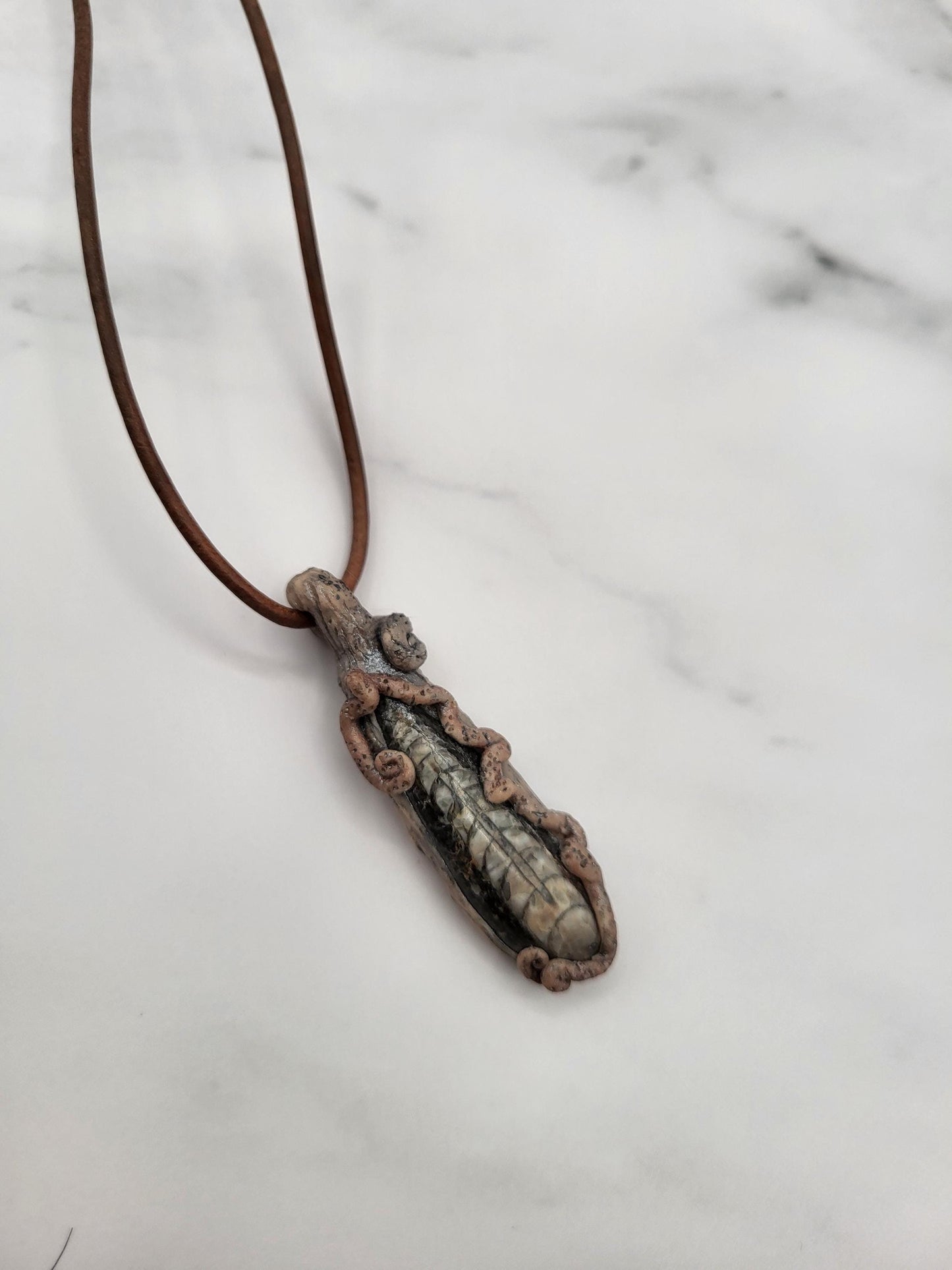 Clay wrapped Ammonite stone. Fairy Forest Necklace. Fantasy jewelry. Nature Pendant.