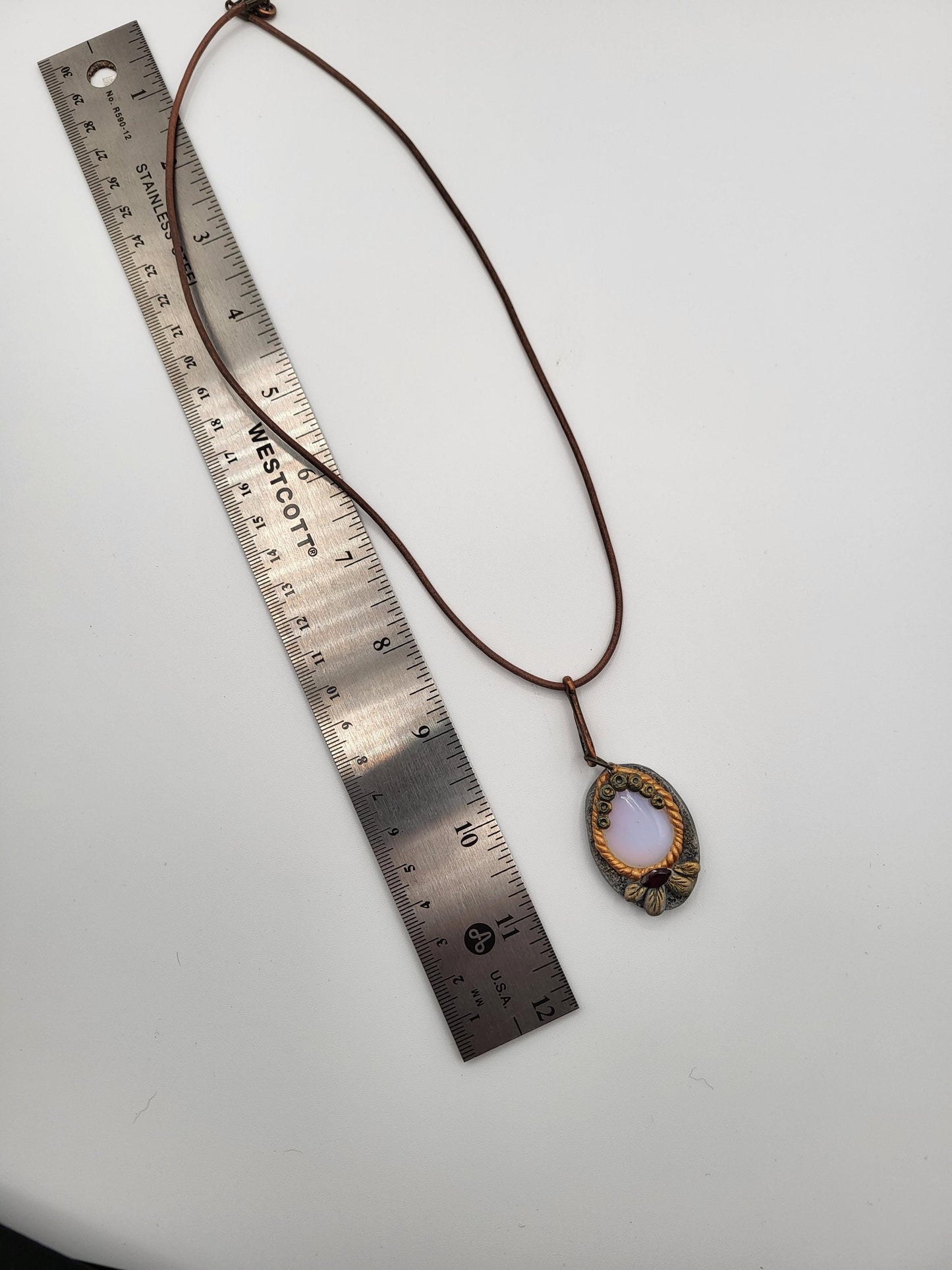 Opalite & Garnet Pendant Necklace made with Polymer Clay Sculpture on a Leather Cord