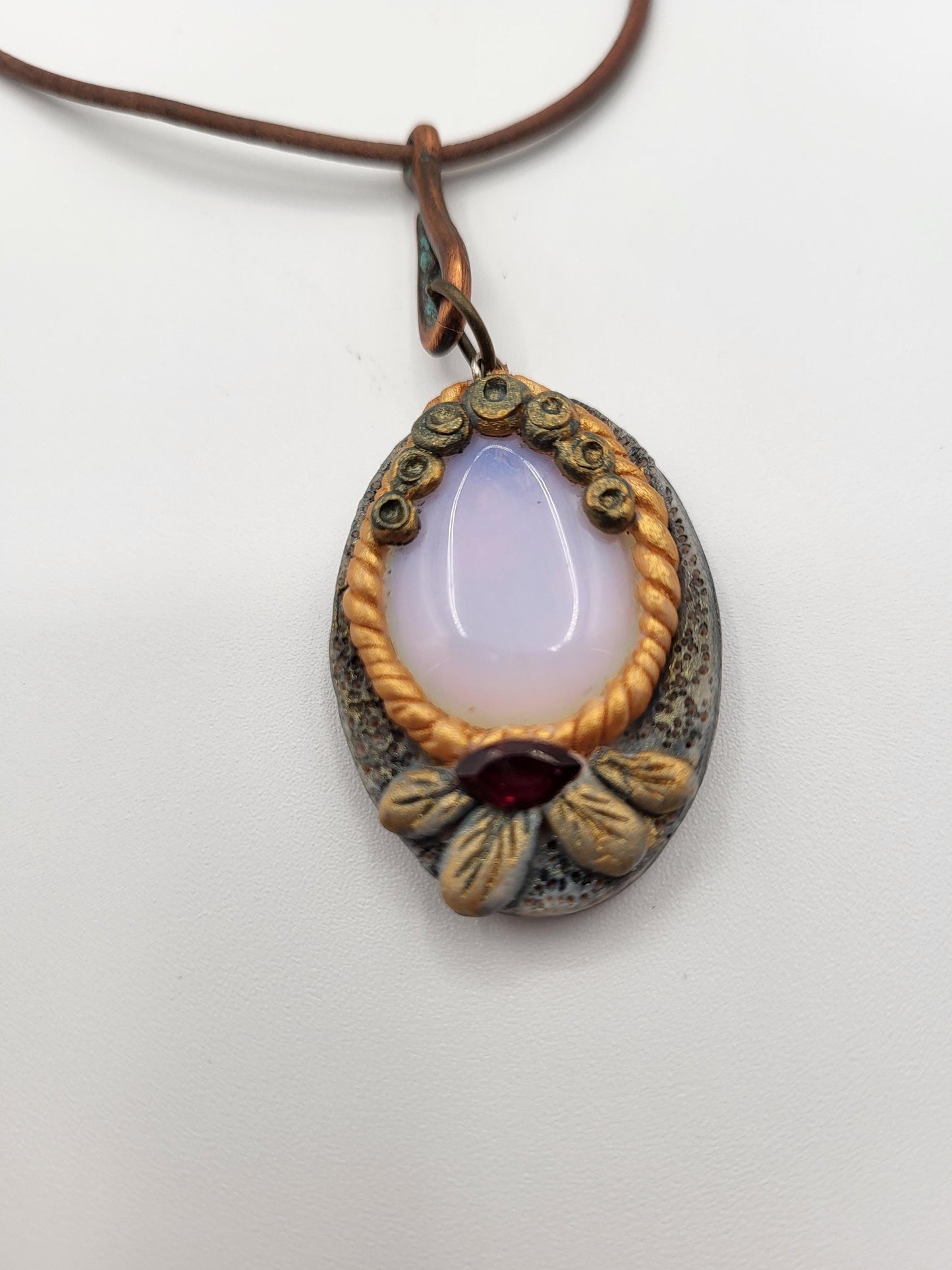 Opalite & Garnet Pendant Necklace made with Polymer Clay Sculpture on a Leather Cord