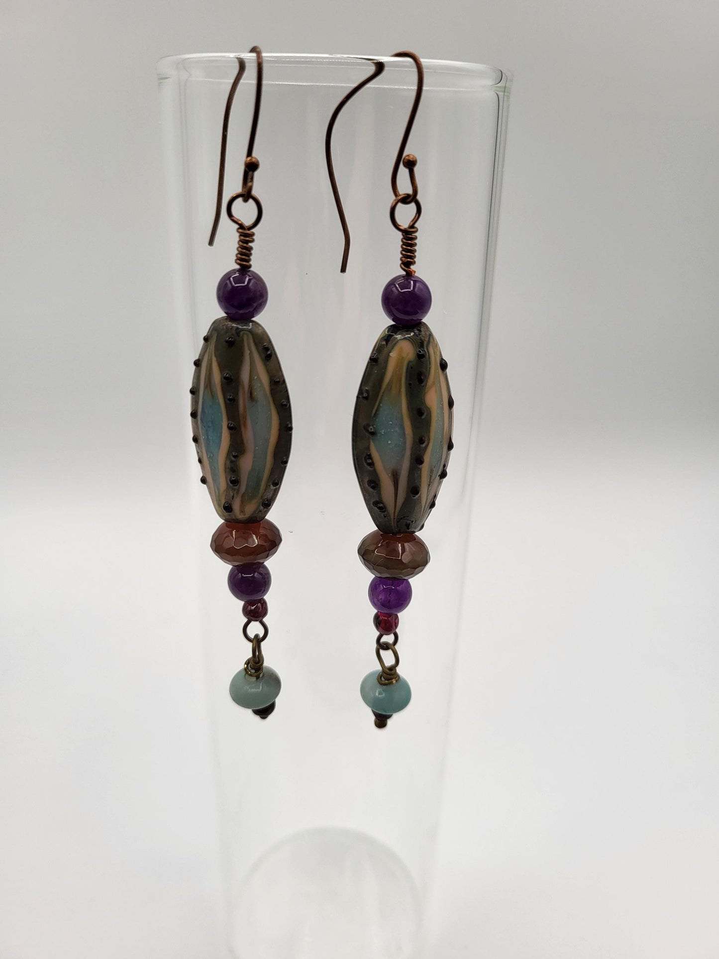 Lampwork Glass Drop Earrings with Amethyst and Agate beads, Antique Brass wire