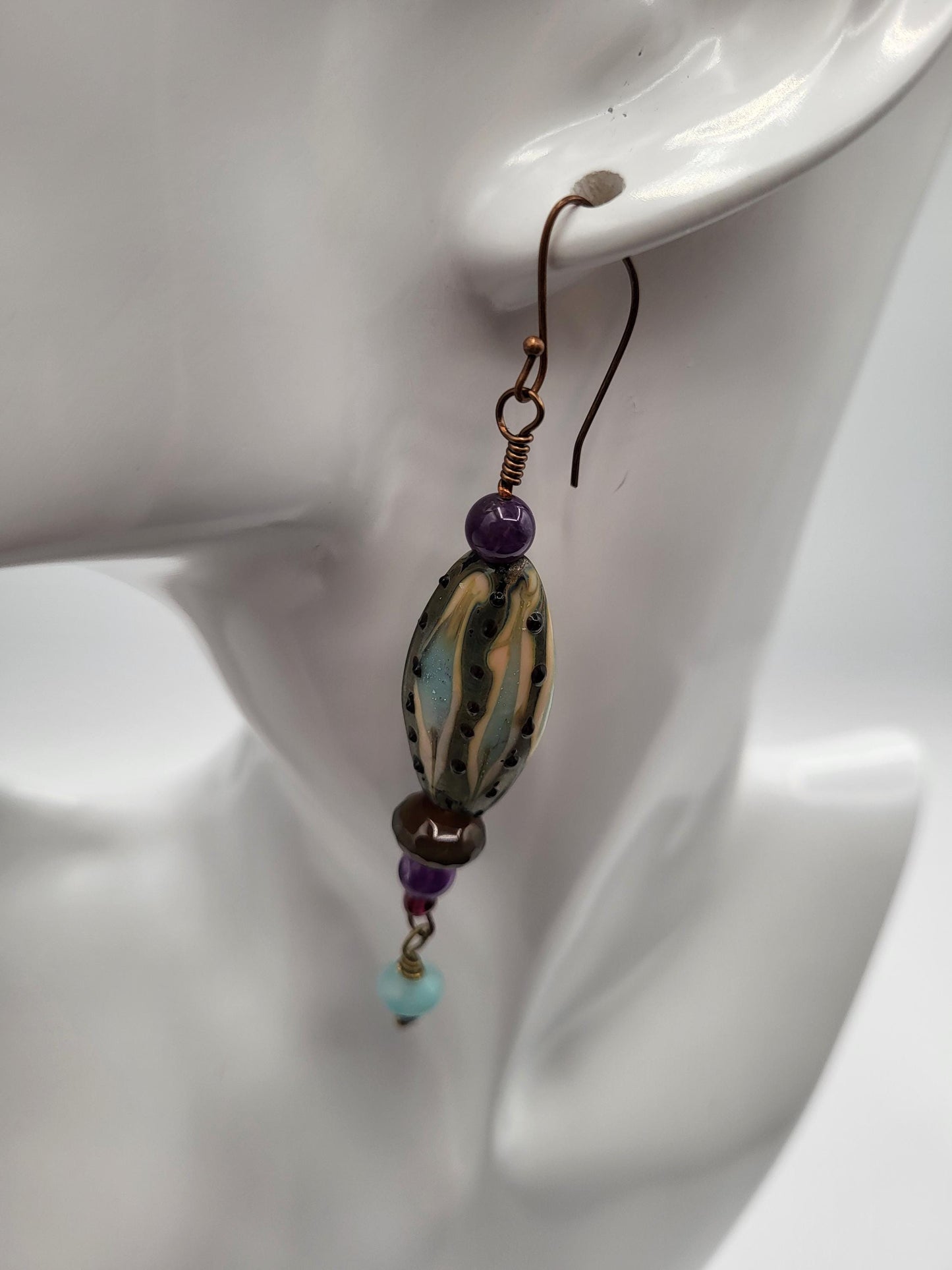 Lampwork Glass Drop Earrings with Amethyst and Agate beads, Antique Brass wire