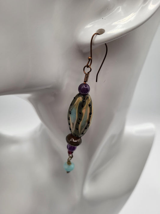 Lampwork Glass Drop Earrings with Amethyst and Agate beads, Antique Brass wire