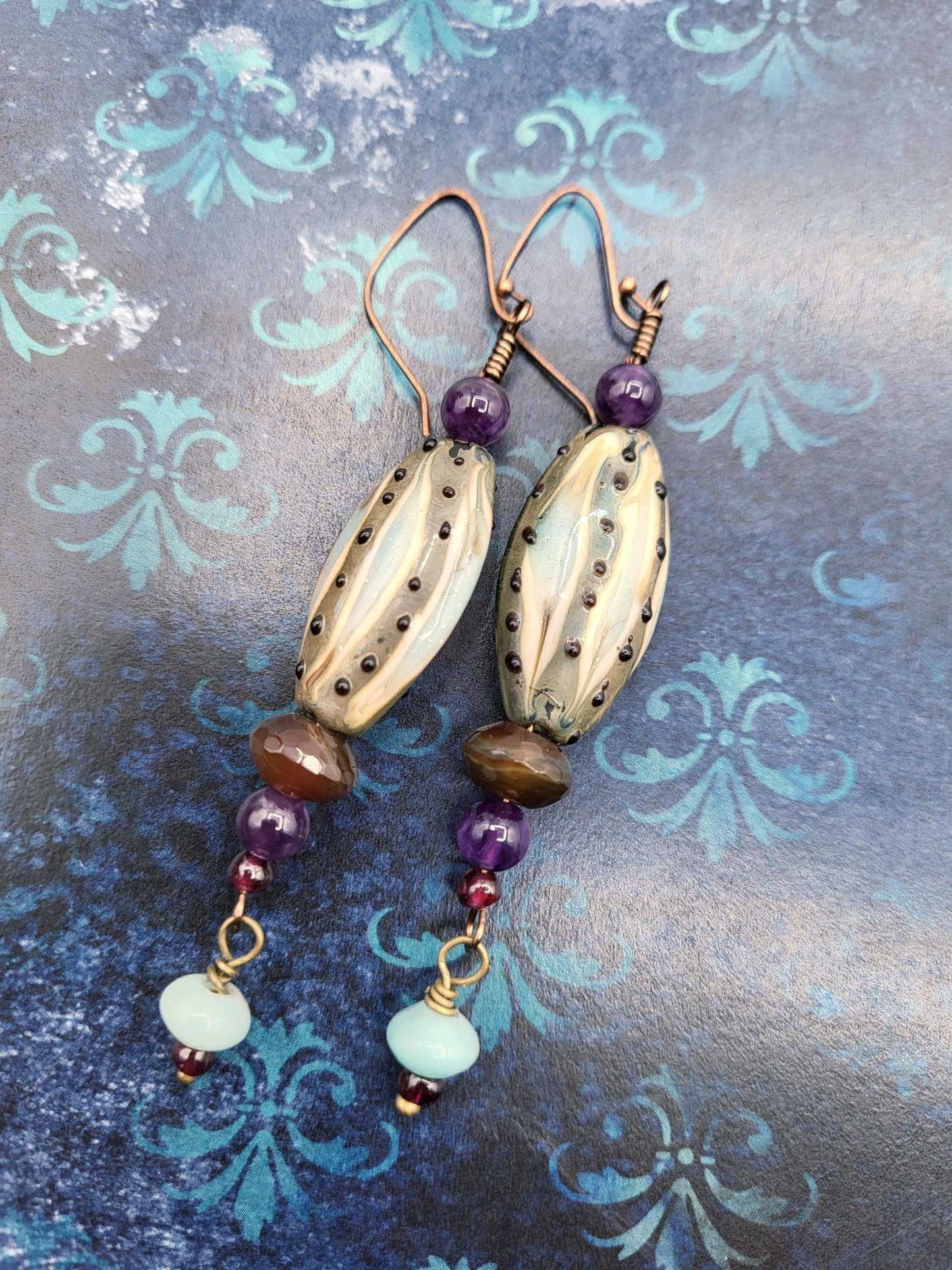 Lampwork Glass Drop Earrings with Amethyst and Agate beads, Antique Brass wire