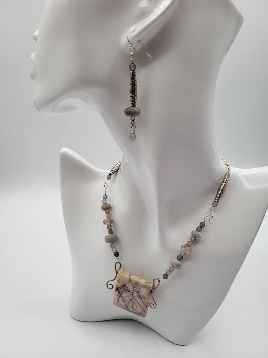 Lavender Picture Jasper and Silver Hand Wrapped Pendant & Earrings.