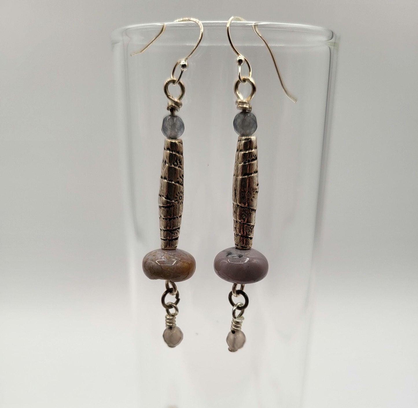 Lavender Picture Jasper and Silver Hand Wrapped Pendant & Earrings.