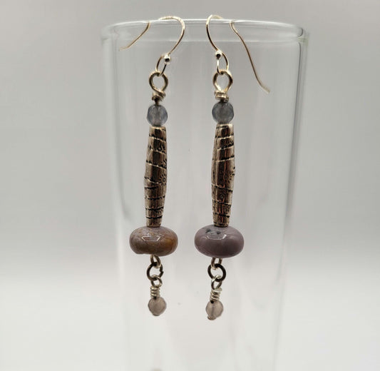 Lavender Picture Jasper and Silver Hand Wrapped Pendant & Earrings.