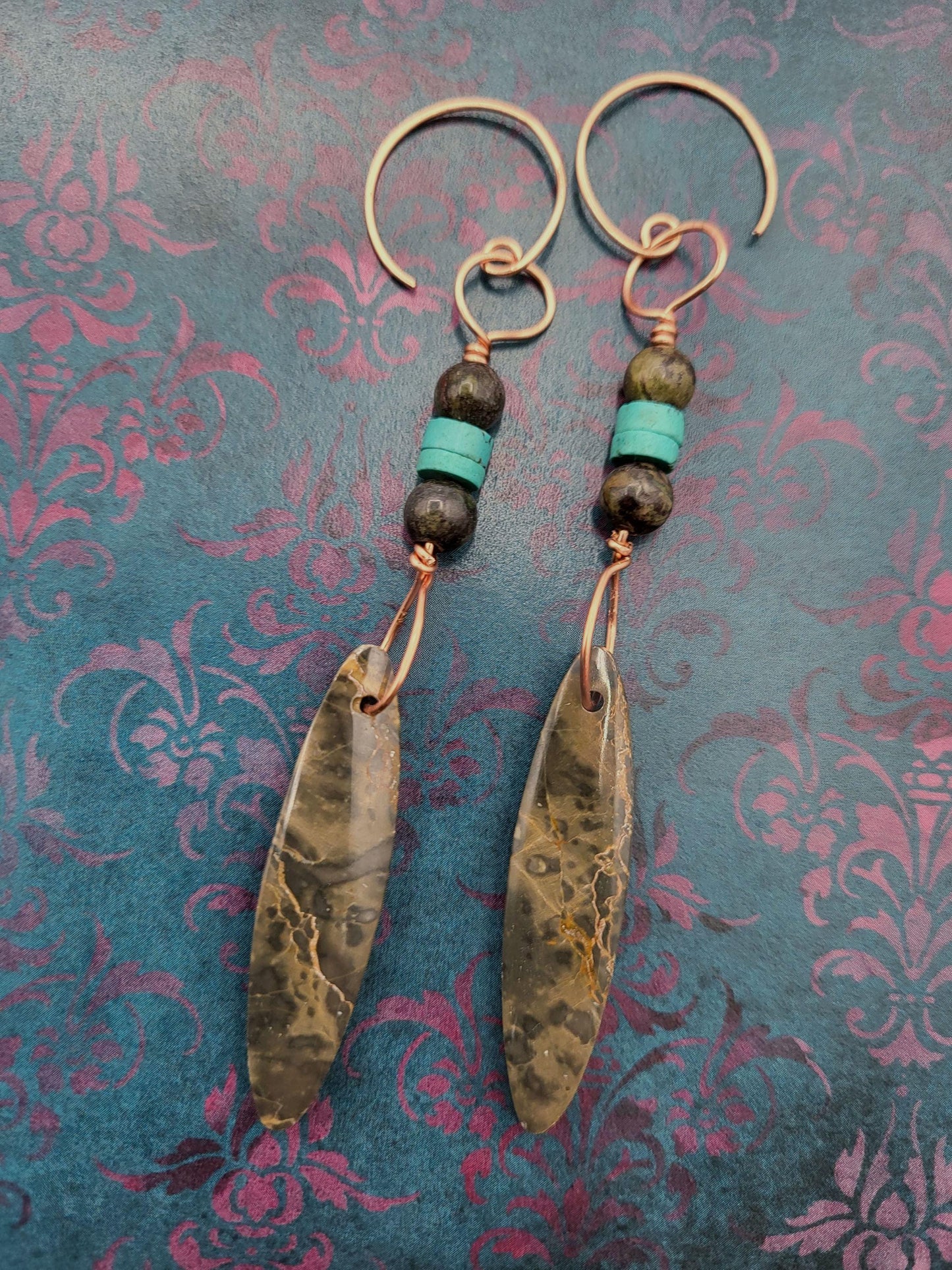 Tan and Gray Jasper Stones with Turquoise beads and Copper Drop Earrings