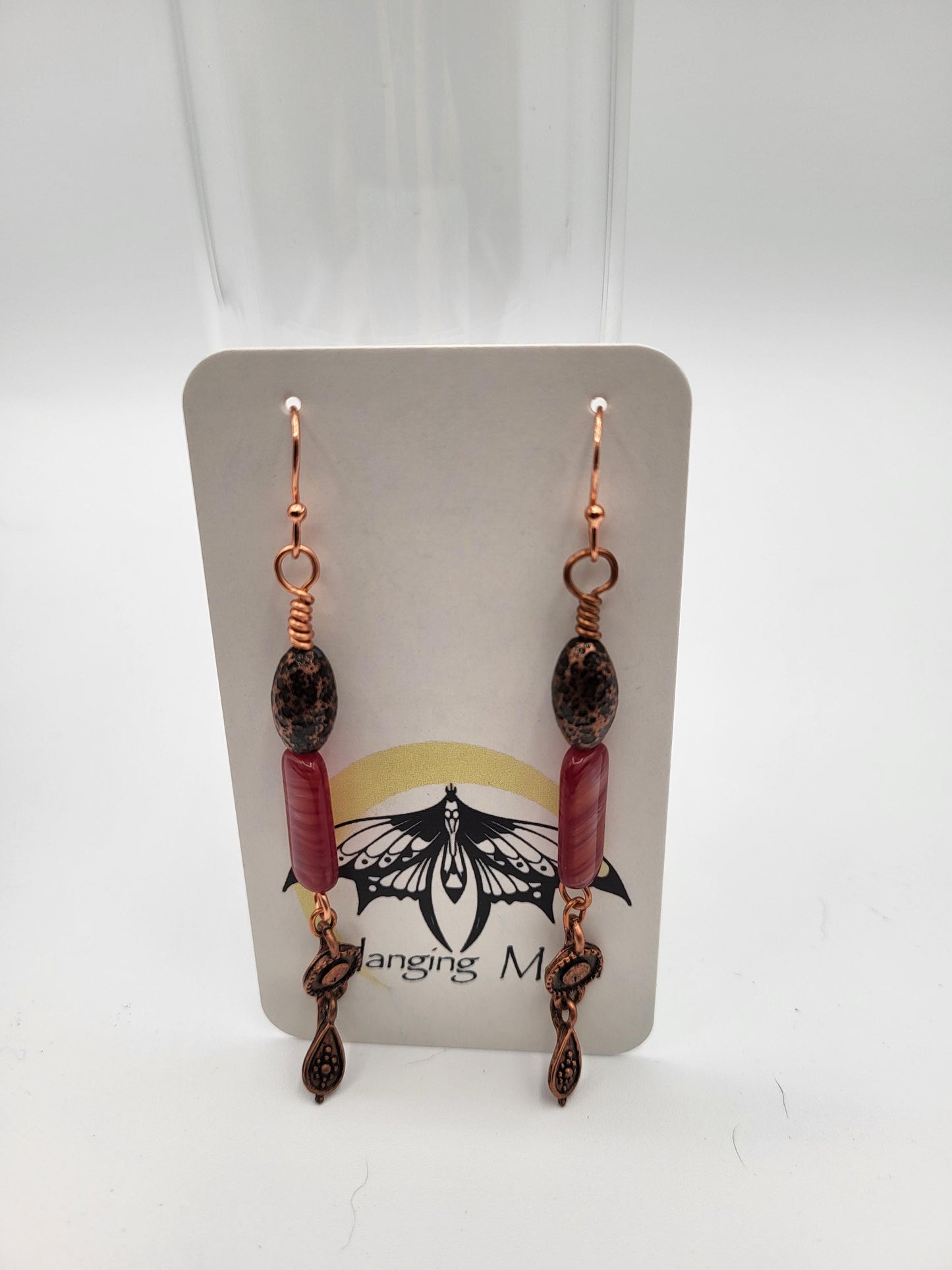 Vintage Czech Red Glass Bead Dangle Earrings with Copper wire.