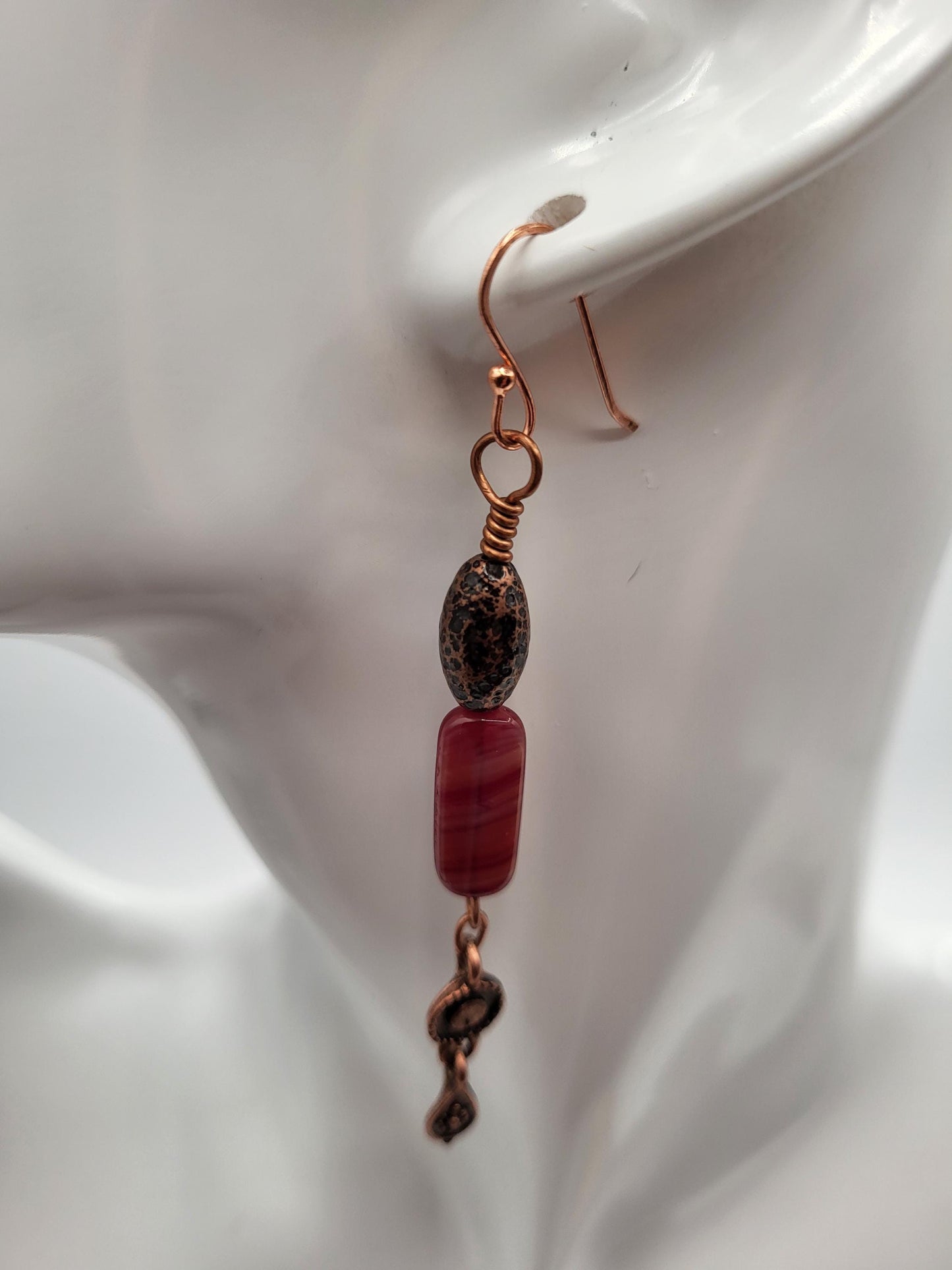 Vintage Czech Red Glass Bead Dangle Earrings with Copper wire.