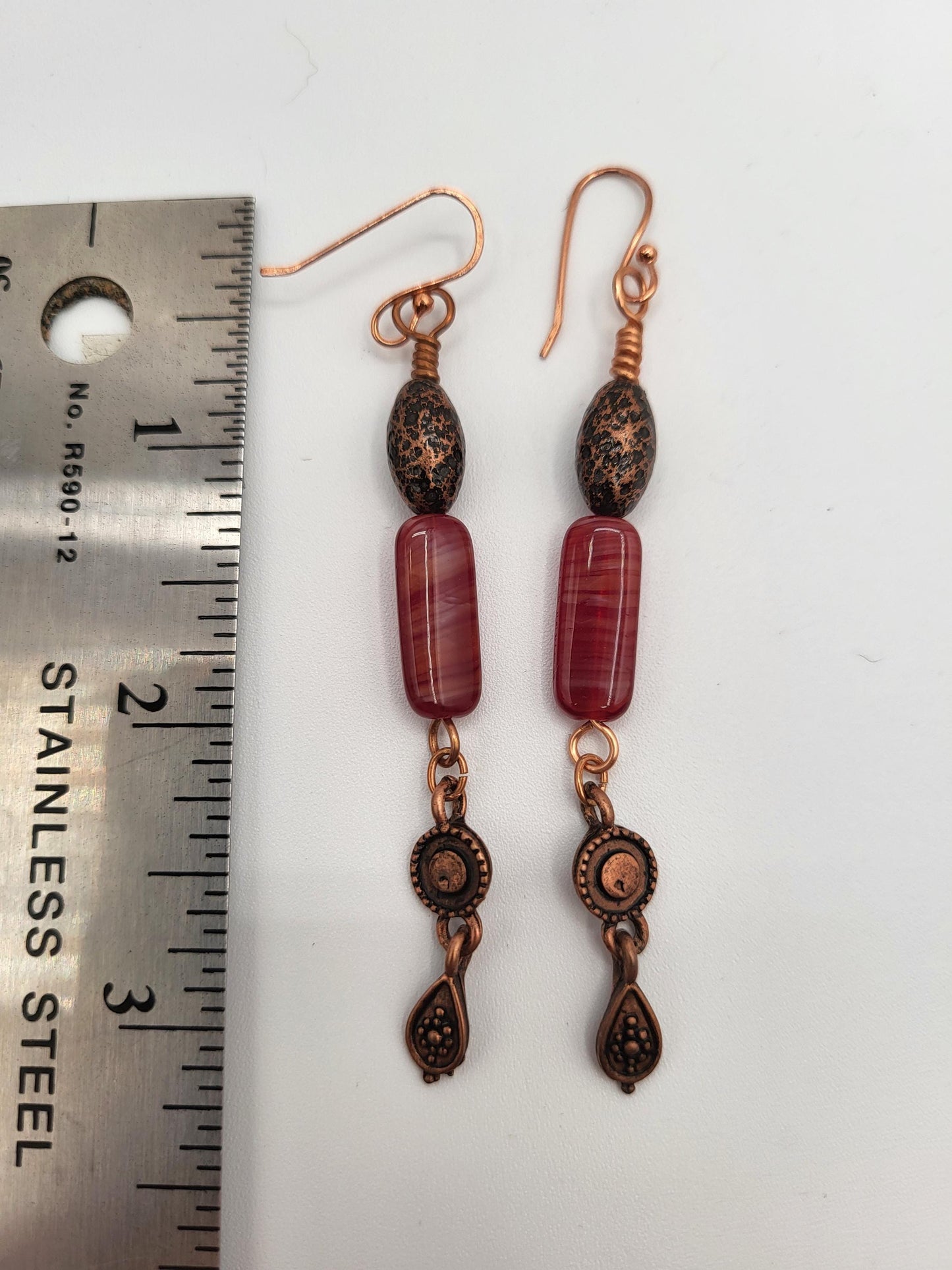 Vintage Czech Red Glass Bead Dangle Earrings with Copper wire.