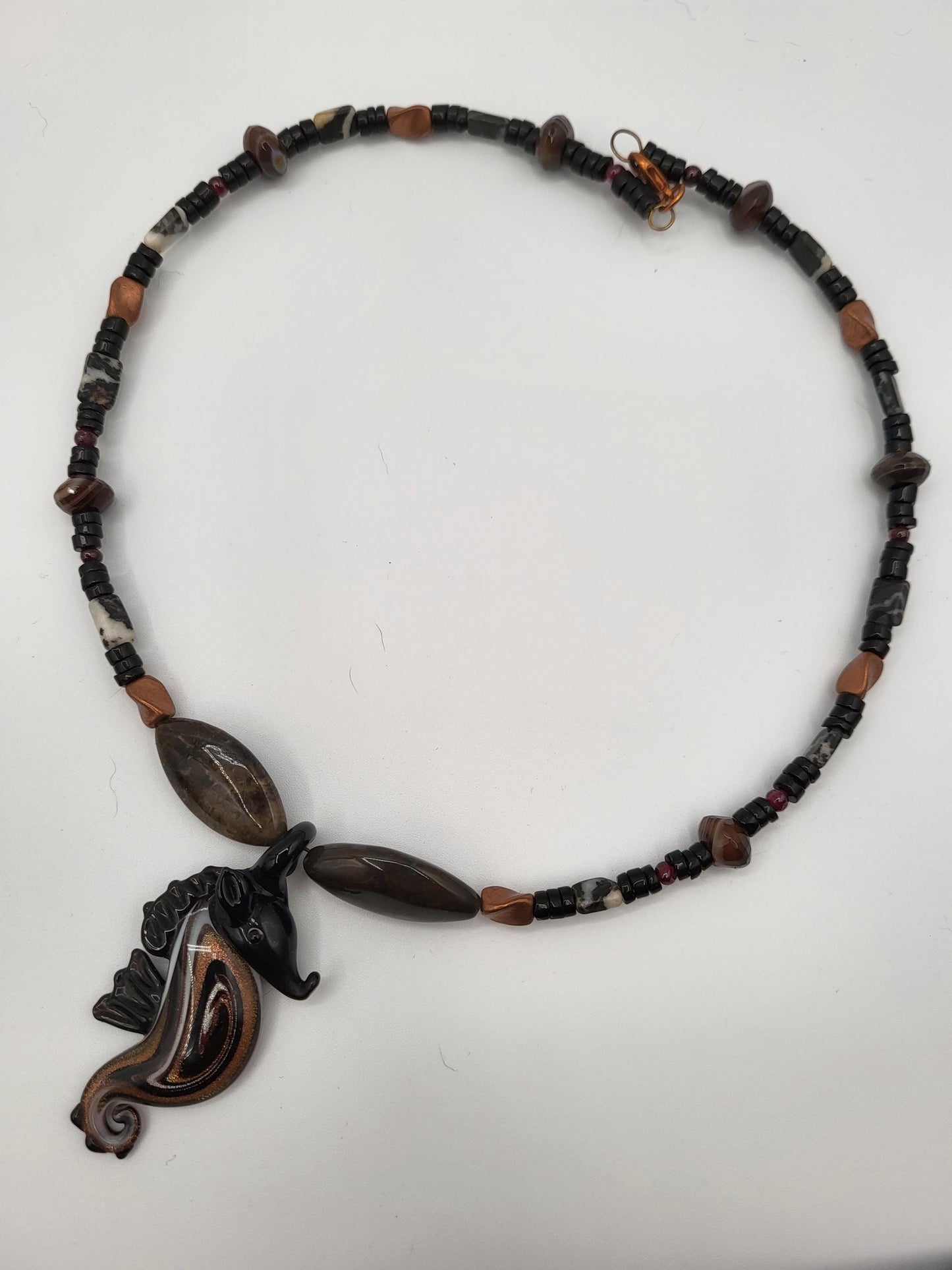 Glass Seahorse Beaded Necklace - Brown Jasper, Copper, Agates