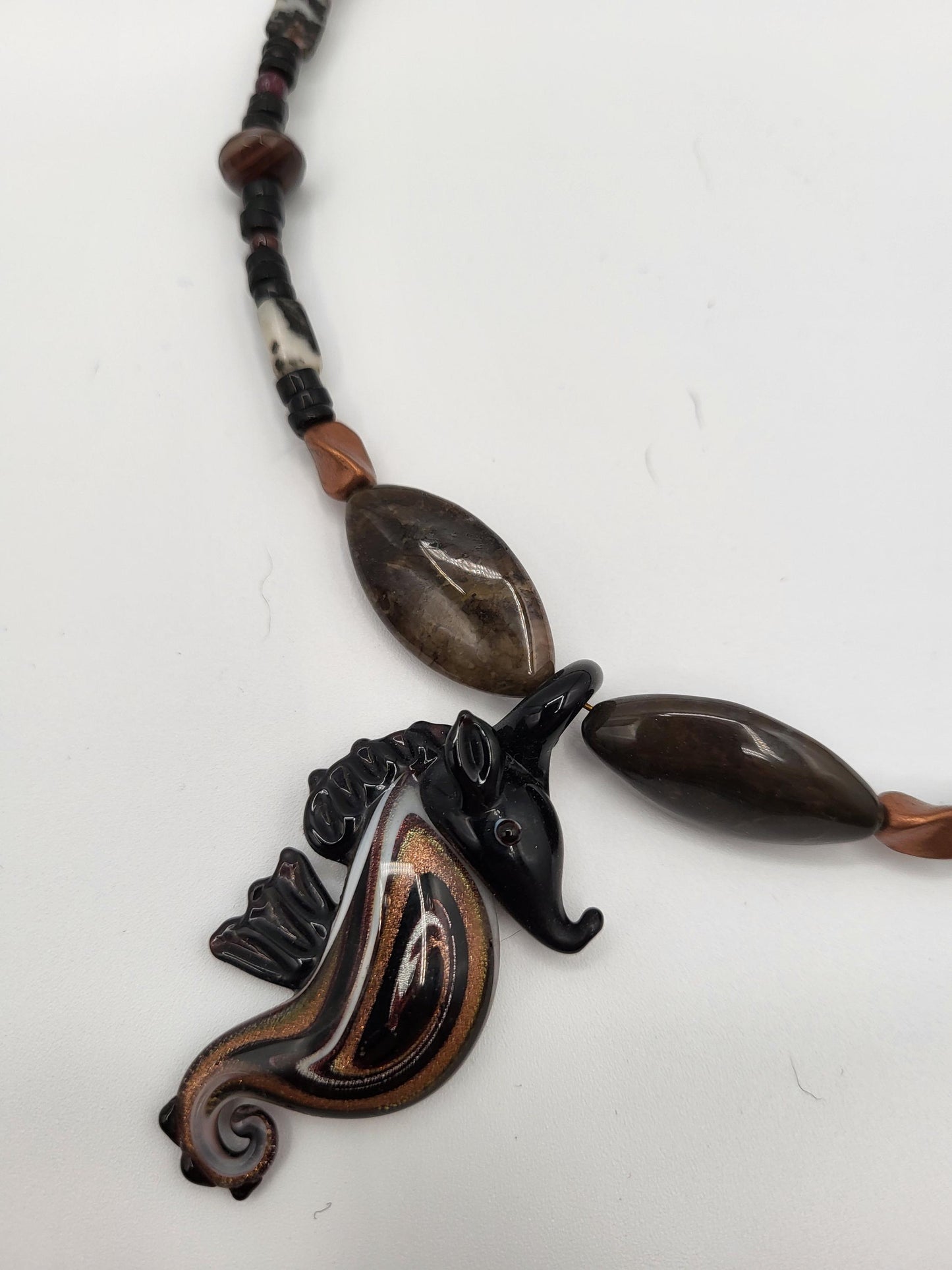 Glass Seahorse Beaded Necklace - Brown Jasper, Copper, Agates