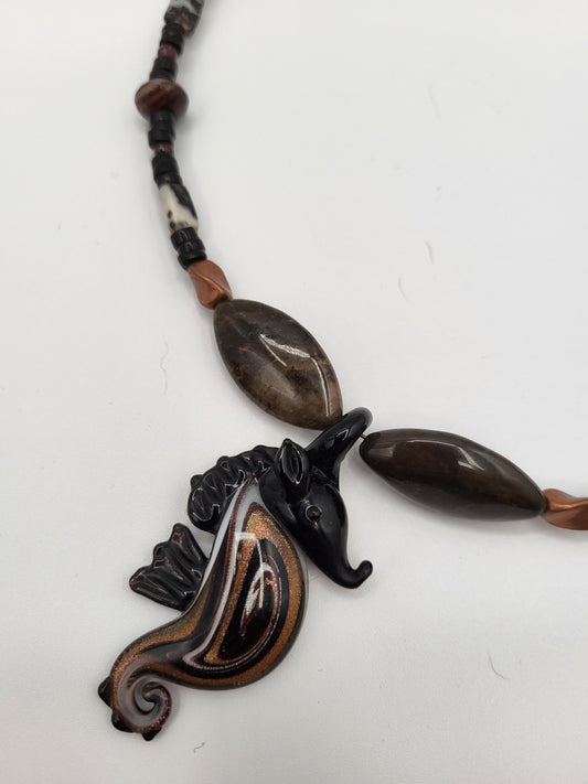 Glass Seahorse Beaded Necklace - Brown Jasper, Copper, Agates