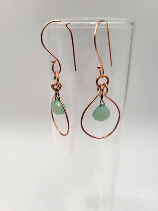 Chalcedony and Copper Hoop Drop Earrings