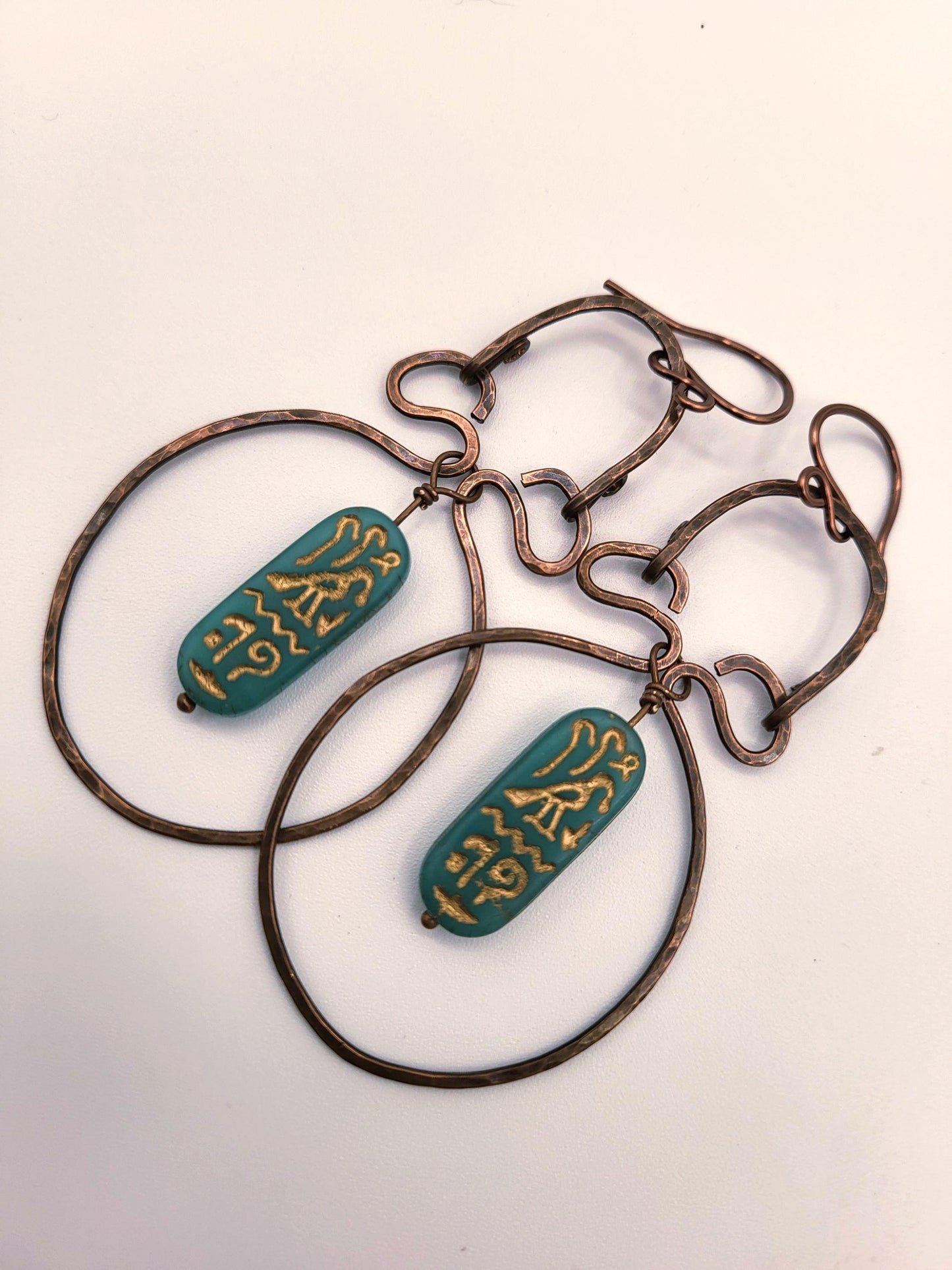 Egyptian Style Blue Green Cartouche Hammered and Oxidized Handmade Copper Earrings