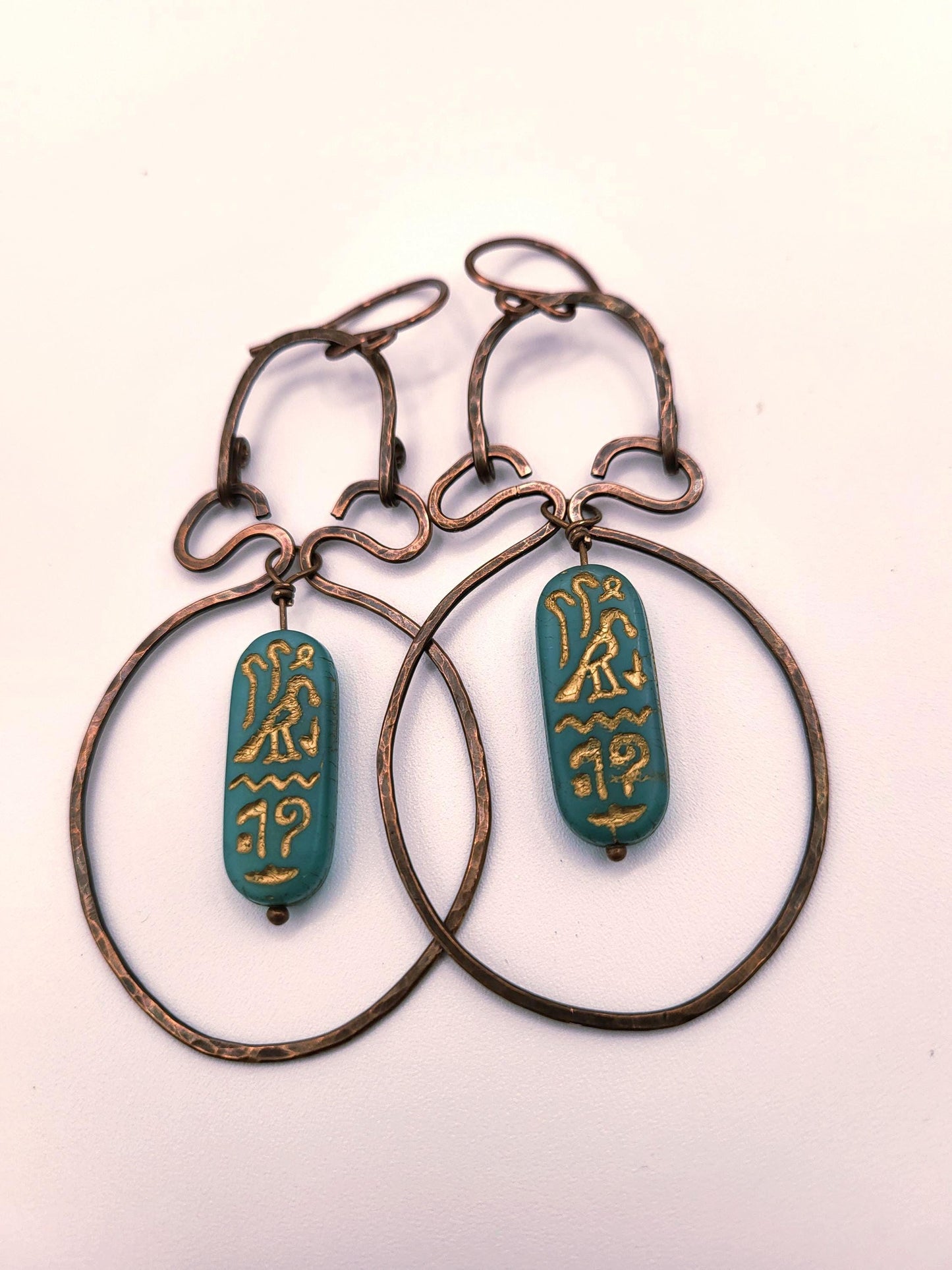 Egyptian Style Blue Green Cartouche Hammered and Oxidized Handmade Copper Earrings