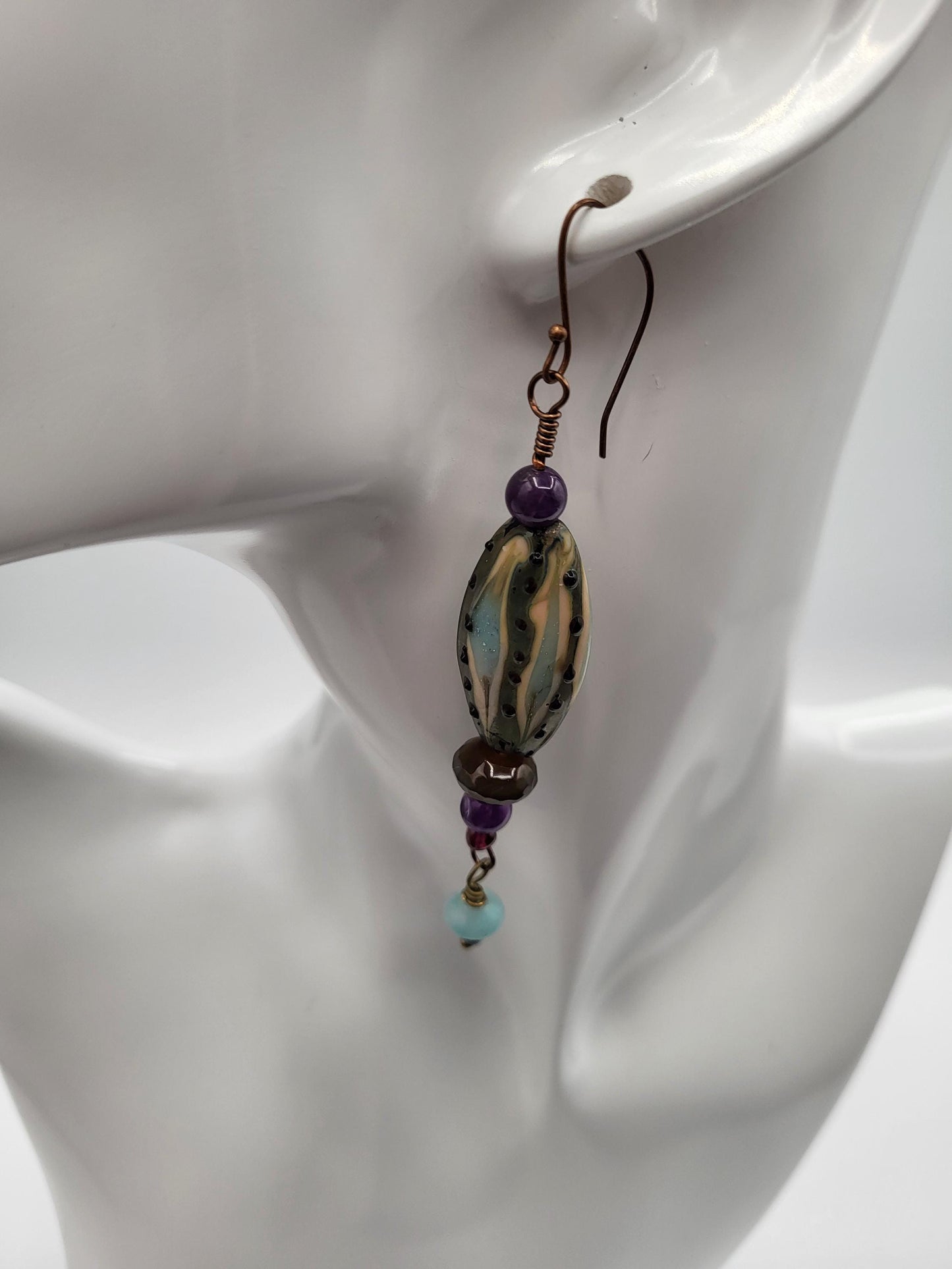 Lampwork Glass Drop Earrings with Amethyst and Agate beads, Antique Brass wire