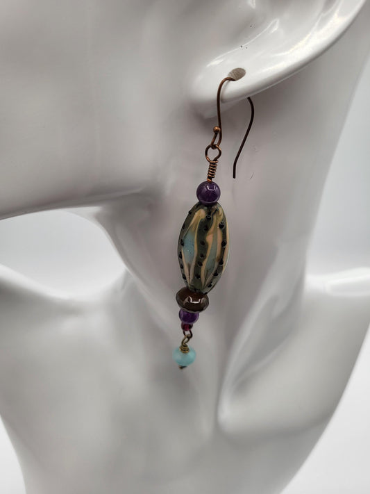 Lampwork Glass Drop Earrings with Amethyst and Agate beads, Antique Brass wire