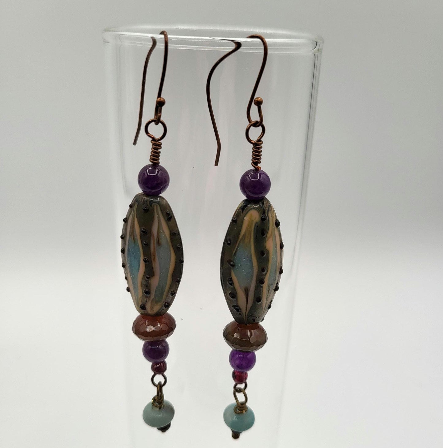 Lampwork Glass Drop Earrings with Amethyst and Agate beads, Antique Brass wire