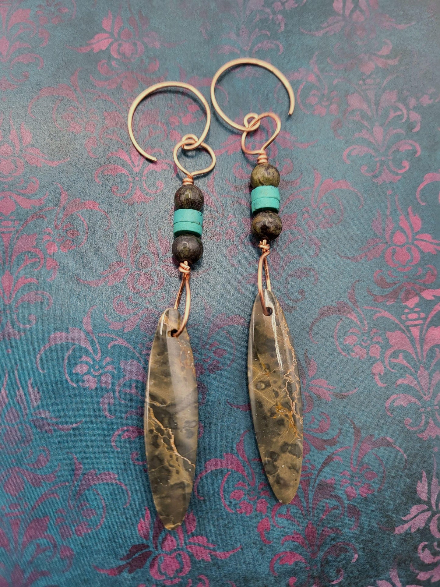 Tan and Gray Jasper Stones with Turquoise beads and Copper Drop Earrings