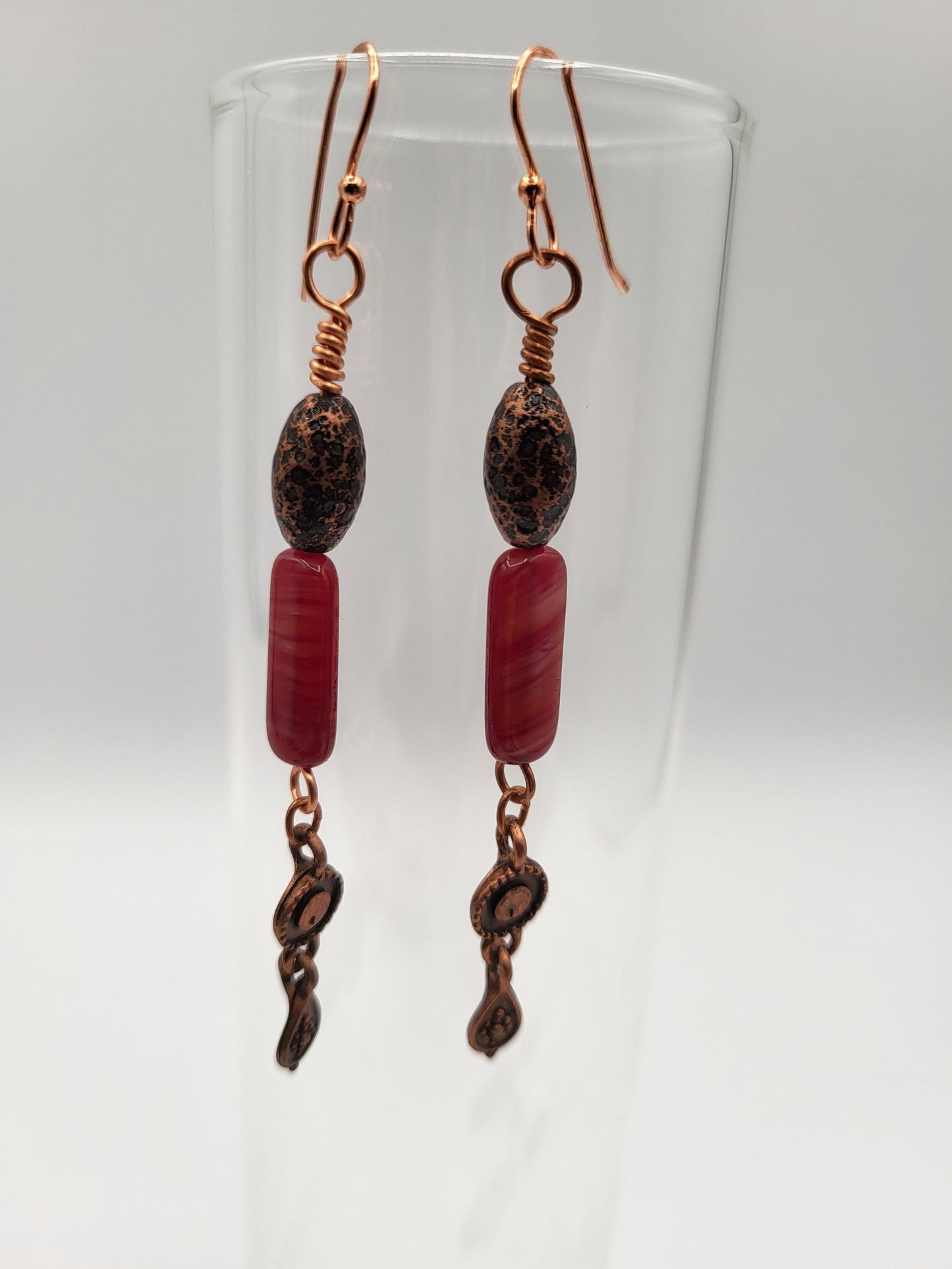 Vintage Czech Red Glass Bead Dangle Earrings with Copper wire.