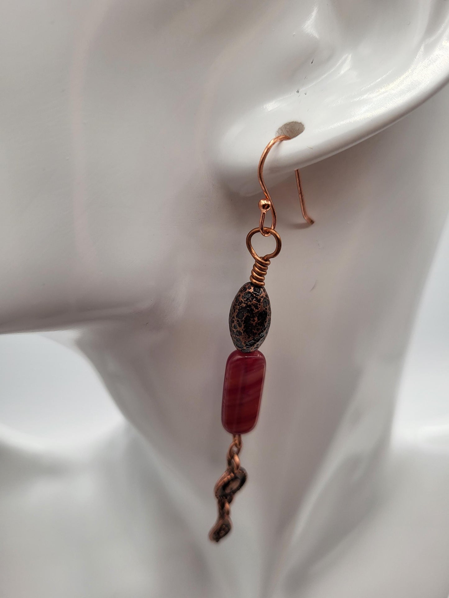 Vintage Czech Red Glass Bead Dangle Earrings with Copper wire.