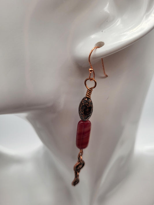 Vintage Czech Red Glass Bead Dangle Earrings with Copper wire.