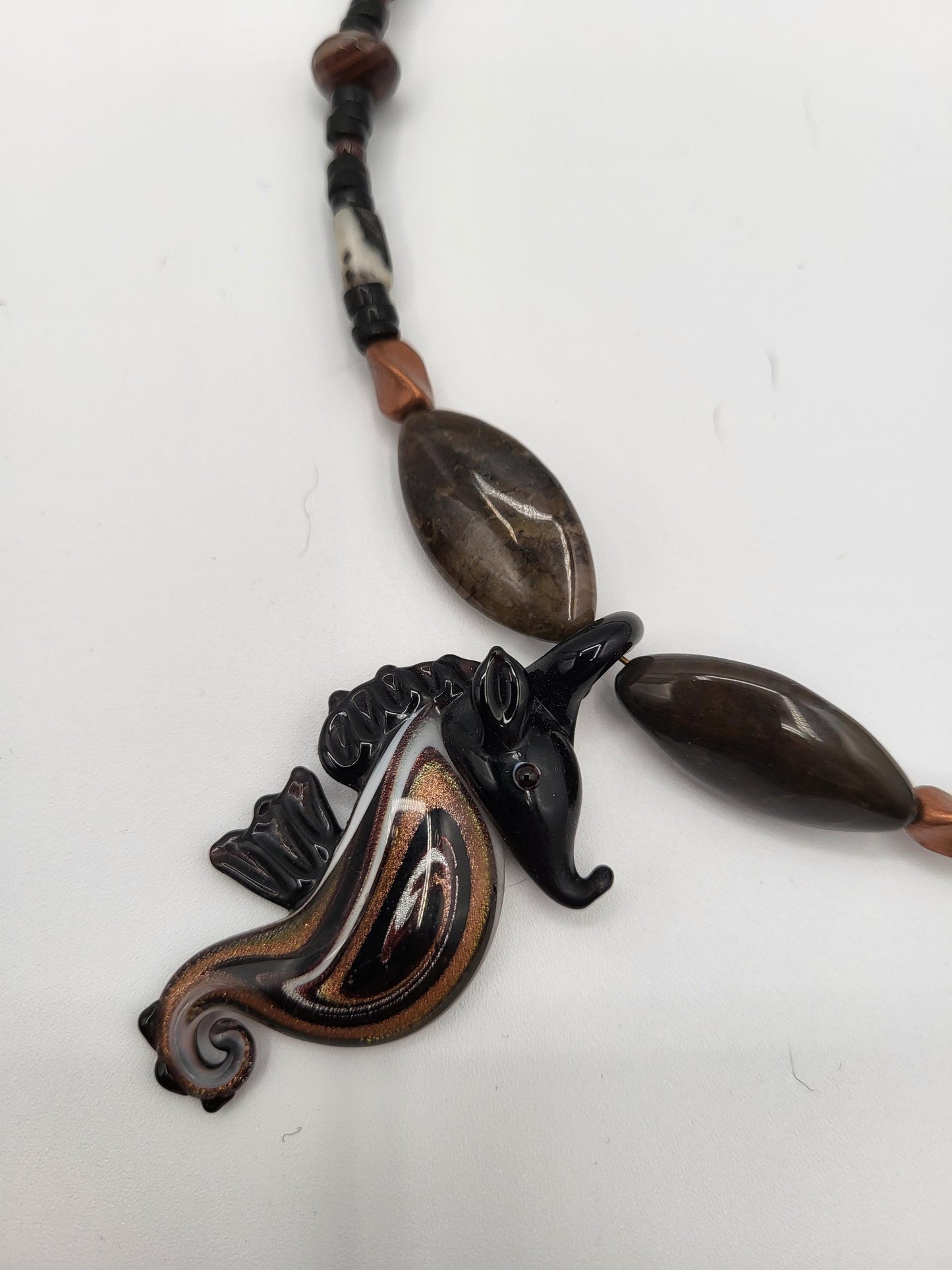 Glass Seahorse Beaded Necklace - Brown Jasper, Copper, Agates