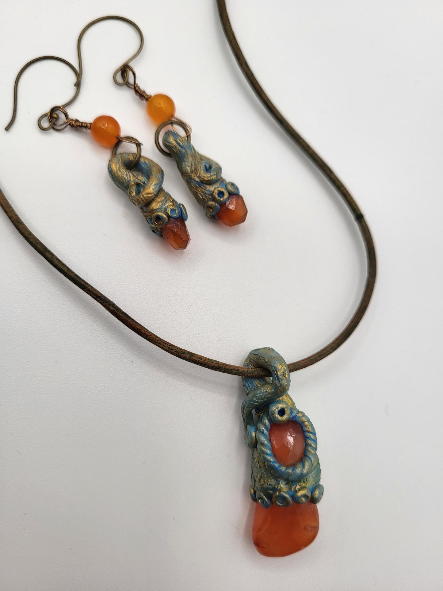 Fairy Carnelian Pendant and Earrings, Polymer Clay and Gems.