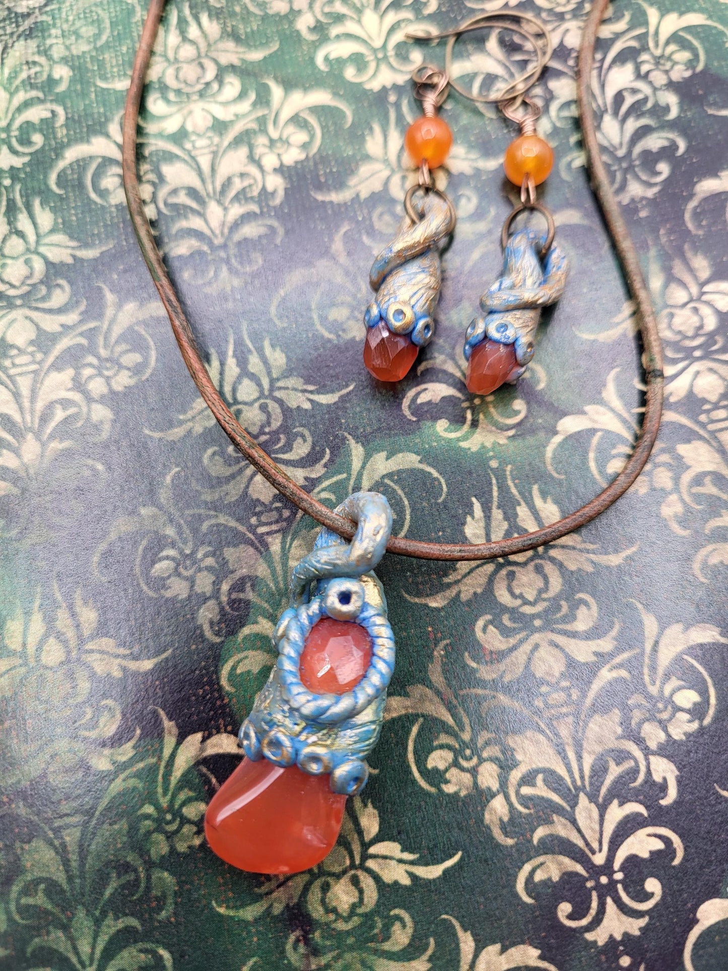 Fairy Carnelian Pendant and Earrings, Polymer Clay and Gems.
