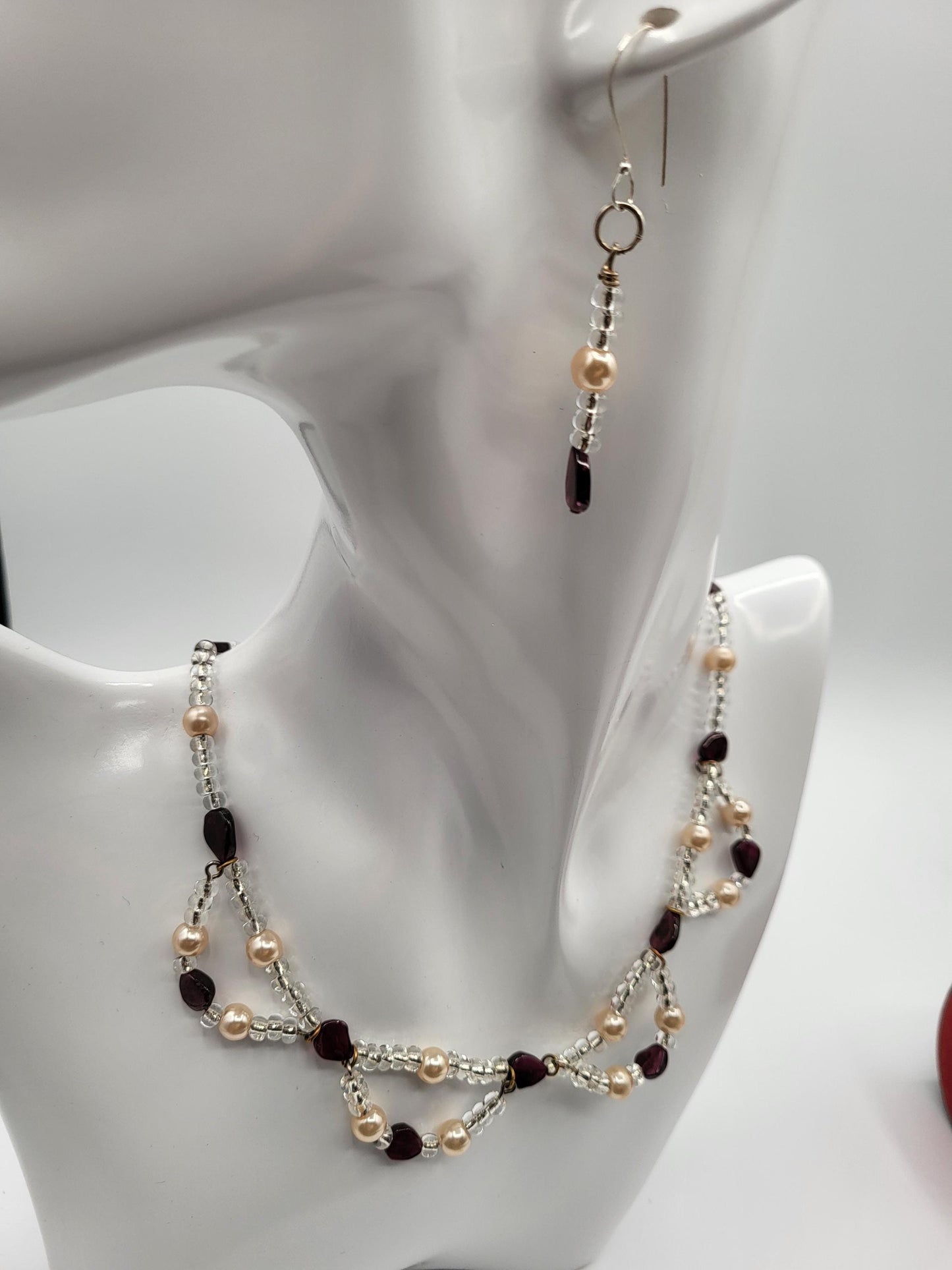 Garnet and Fresh Water Pearl Earrings and Necklace Set