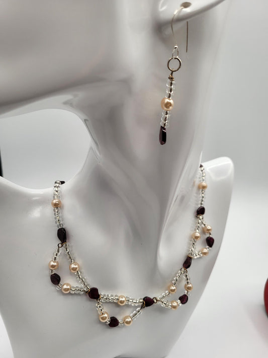 Garnet and Fresh Water Pearl Earrings and Necklace Set